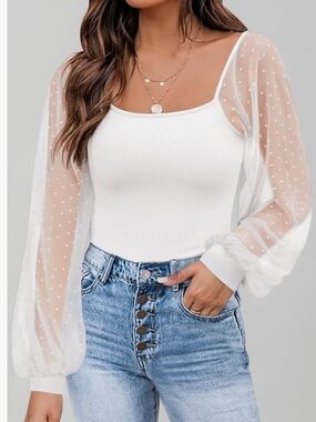 NWT DOROSE White Top Mesh Swiss Dot Long Sleeves Medium